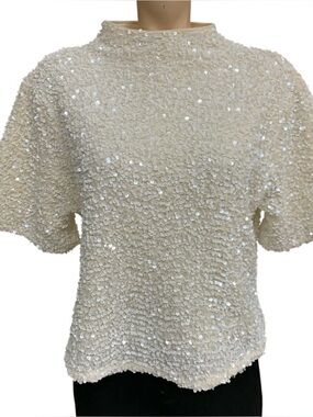 H&M Cream Sequin Short Sleeve Top Size M